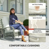 Outsunny Rattan Rocking Chair, Outdoor Wicker Patio Rocker Chair Furniture with Thick Cushions, for Garden Backyard Porch, Khaki(m-6)