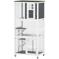 PawHut 74" Wooden Outdoor Cat House Weatherproof & Wheeled with High Weight Capacity, Kitten Cage Condo, White(m-11)