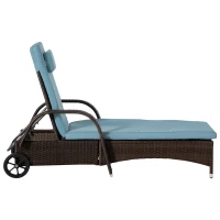 Outsunny 3 Pieces Wicker Patio Lounger Set with Table, PE Rattan Outdoor Lounge Chair Set with Cushions, Wheels, 5-Level Reclining Backrest, Headrest, Brown/Grey(m-7)