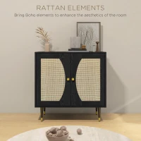 HOMCOM Boho Buffet Cabinet with Adjustable Shelf and Rattan Decorated Doors, TV Cabinet for TV up to 42 Inches, Black(m-4)