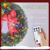 HOMCOM 36in Pre-Lit Christmas Wreath with 3D Red Bow, 11 Lighting Modes, Front Door Christmas Wreath with Remote(m-5)