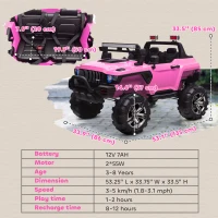Aosom 2-Seater Kids Ride On Police Car, 12V 7AH Remote Control Police Truck Electric Car for Toddlers with LED Lights, Big Off-road Wheels, 4 Shock Absorbers, MP3, Storage, Pink(m-3)