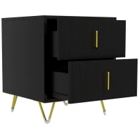 HOMCOM Bedside Table, Modern Nightstand with 2 Drawers, Side End Table with Metal Legs for Living Room, Bedroom, Black(m-2)