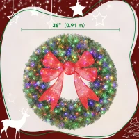 HOMCOM 36in Pre-Lit Christmas Wreath with 3D Red Bow, 11 Lighting Modes, Front Door Christmas Wreath with Remote(m-3)