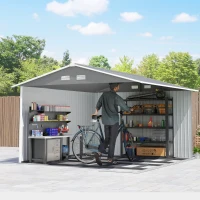Outsunny 9' x 10.6' Garden Storage Shed w/ Foundation Kit Metal Tool Storage House w/ Double Doors Light Grey(m-10)