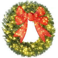 HOMCOM 48in Pre-Lit Christmas Wreath with 3D Red Bow, 11 Lighting Modes, Front Door Christmas Wreath with Remote(m-1)