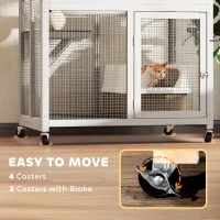 PawHut 74" Wooden Outdoor Cat House Weatherproof & Wheeled with High Weight Capacity, Kitten Cage Condo, White(m-6)