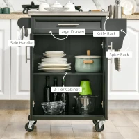 HOMCOM Kitchen Island with Stainless Steel Top, Rolling Kitchen Cart on Wheels with Storage Drawer, Cabinet, Towel Rack and Spice Rack (Black)(m-4)