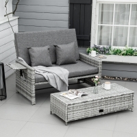 Outsunny 2 Piece Rattan Outdoor Daybed, 2 Seater Sofa Set with Footstool, Storage, Cushions and Pillows for Garden, Patio, Grey