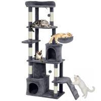 PawHut 67" Large Cat Tree with 7 Scratching Posts, Tunnel, 2 Condos, Hammock, Perch, Ramp, Pompoms, Dark Grey(m-11)