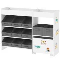 Qaba Kids Toy Storage Organizer with 11 Bins, Moveable Cabinet, Top Shelves, 3 Stickers, for Nursery, Playroom, White(m-1)