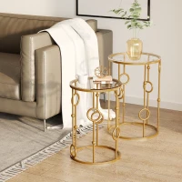 HOMCOM Round Coffee Tables Set of 2, Gold Nesting Side End Tables with Tempered Glass Top, Steel Frame for Living Room(m-8)