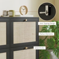 HOMCOM Narrow Shoe Storage Cabinet, Rattan Shoe Cabinet with 4 Flip Drawers and Adjustable Shelves for 20 Pairs, Black(m-6)