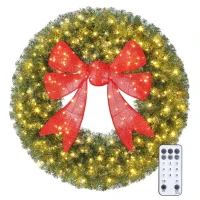 HOMCOM 36in Pre-Lit Christmas Wreath with 3D Red Bow, 11 Lighting Modes, Front Door Christmas Wreath with Remote(m-2)