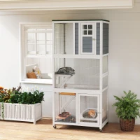 PawHut 74" Wooden Outdoor Cat House Weatherproof & Wheeled with High Weight Capacity, Kitten Cage Condo, White(m-8)