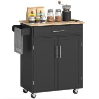 HOMCOM Kitchen Island Cart, Rolling Island Table with Solid Wood Top, Trolley Cart with Drawer, Storage Cabinet & Towel Rack, Black(m-1)