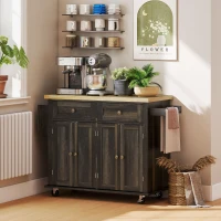 HOMCOM Kitchen Island with Storage, Rolling Trolley Cart with Rubber Wood Top, Spice Rack, Towel Rack, Brown Oak(m-9)