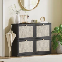 HOMCOM Narrow Shoe Storage Cabinet, Rattan Shoe Cabinet with 4 Flip Drawers and Adjustable Shelves for 20 Pairs, Black(m-8)