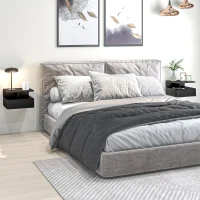 HOMCOM Floating Nightstand Set of 2, Wall Mounted Bedside Table with Drawer and Shelf, Small Night Stand for Bedroom, Black(m-1)