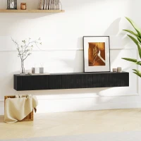 HOMCOM 71" Floating TV Stand for TVs up to 72 Inch, Wall Mount Media Console with 2 Fluted Flip-Down Doors, Cable Hole, Black(m-10)