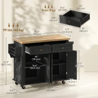 HOMCOM Rolling Kitchen Island with Rubber Wood Top and Storage, Spice Rack, Towel Rack, Black(m-3)