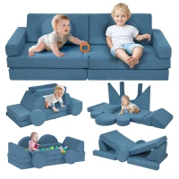 Qaba 12-Piece Modular Kids Play Couch Building Fort for Playroom Bedroom, Convertible Kids Sofa, Blue(m-11)