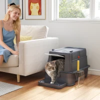 PawHut 80L XL Stainless Steel Cat Litter Box for Big Cats with Flip Cover, Pull-Out Drawer Tray, High Sided, Pedal, Dark Grey(m-8)