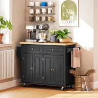 HOMCOM Rolling Kitchen Island with Rubber Wood Top and Storage, Spice Rack, Towel Rack, Black(m-9)