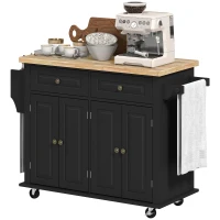HOMCOM Rolling Kitchen Island with Rubber Wood Top and Storage, Spice Rack, Towel Rack, Black(m-17)