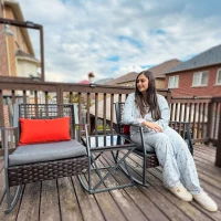 Outsunny 3 Pieces Rocking Bistro Set, Wicker Patio Furniture Set with Cushions and Glass Table for Porch, Balcony, Grey(m-10)