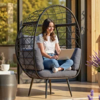 Outsunny Rattan Egg Chair, Indoor Outdoor Lounger with Cushions and Cup Holder for Backyard, Garden, Lawn, Living Room, Grey(m-8)