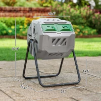 Outsunny Tumbling Compost Bin Outdoor 360° Dual Chamber Rotating Composter 43 Gallon, Light Gray(m-3)