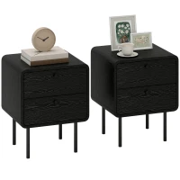 HOMCOM Modern Bedside Tables Set of 2, 2 Pieces Nightstands with 2 Storage Drawers and Steel Legs for Bedroom, Black Wood Grain(m-11)