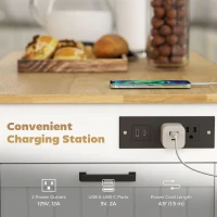 HOMCOM Kitchen Island Cart, Portable Kitchen Island Table with Charging Station, Rubber Wood Drop Leaf, Trash Storage, White(m-6)