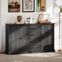 HOMCOM Farmhouse Sideboard with Charging Station, 58" Buffet Cabinet, Kitchen Storage Cabinet with 4 Drawers, 2 Doors, Black(m-8)