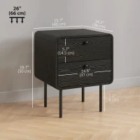HOMCOM Modern Bedside Tables Set of 2, 2 Pieces Nightstands with 2 Storage Drawers and Steel Legs for Bedroom, Black Wood Grain(m-3)