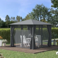 Outsunny 10' x 10' Patio Gazebo, Outdoor Gazebo Canopy Shelter with Netting & Curtains, Vented Roof, for Garden, Lawn, Backyard and Deck, Black(m-10)