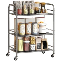 HOMCOM 3 Tier Stainless Steel Rolling Cart with Adjustable Shelf, Utility Cart on Wheels with Handles for Kitchen, Silver(m-11)