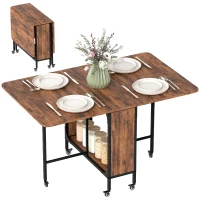 HOMCOM Folding Dining Table, Extendable Kitchen Table for Small Spaces with Storage Shelf and 6 Wheels, Rustic Brown(m-2)