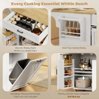 HOMCOM Kitchen Island Cart, Portable Kitchen Island Table with Charging Station, Rubber Wood Drop Leaf, Trash Storage, White(m-4)