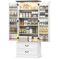 HOMCOM 72" LED Kitchen Pantry Cabinet, Buffet Storage Cabinet with 10 Door Shelves, 2 Drawers and Adjustable Shelves, White(m-2)