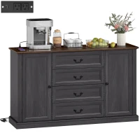 HOMCOM Farmhouse Sideboard with Charging Station, 58" Buffet Cabinet, Kitchen Storage Cabinet with 4 Drawers, 2 Doors, Black(m-11)