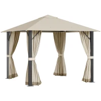 Outsunny 10' x 10' Patio Gazebo Aluminum Frame Outdoor Canopy Shelter with Sidewalls, Vented Roof for Garden, Lawn, Backyard, and Deck, Khaki(m-1)