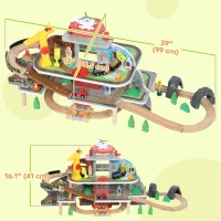 Qaba 79Pcs Wooden Train Set Mine Themed with Crane, Helicopter, Track & Accessories, for Boys & Girls 3+ Years Old(m-3)