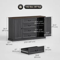 HOMCOM Farmhouse Sideboard with Charging Station, 58" Buffet Cabinet, Kitchen Storage Cabinet with 4 Drawers, 2 Doors, Black(m-3)