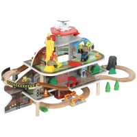 Qaba 79Pcs Wooden Train Set Mine Themed with Crane, Helicopter, Track & Accessories, for Boys & Girls 3+ Years Old(m-2)