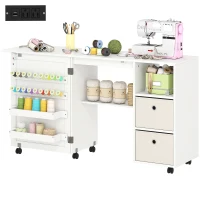 HOMCOM Rolling Sewing Machine Table with Power Outlet, Folding Craft Table with 2 Fabric Drawers, 2 Bins and 18 Pegs, White(m-2)