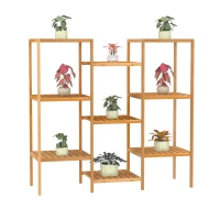 HOMCOM 9-Tier Bamboo Storage Shelf, Plant Stand, Utility Slatted Shelving Unit for Living Room, Balcony, Hallway, Bathroom, Natural(m-11)