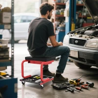 HOMCOM Rolling Garage Stool, 300 LBS Capacity Mechanic Stool with, Tool Trays Storage, Drawer, Black(m-8)