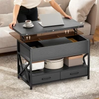 HOMCOM Modern Coffee Table, Lift Top Center Table with Fabric Drawers and Hidden Storage for Living Room, Distressed Black(m-7)